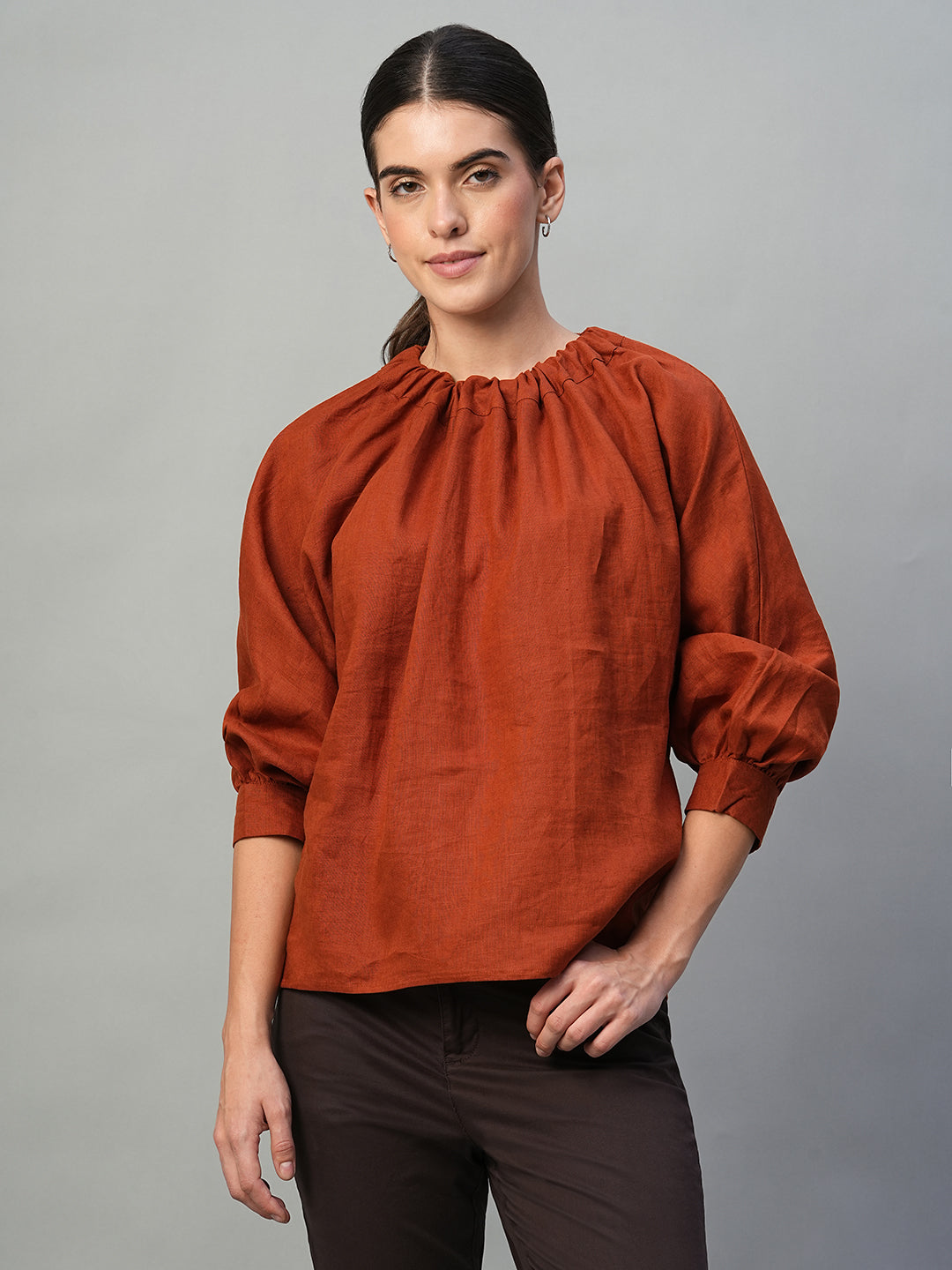 Women's Rust 100% Linen Regular Fit Blouse
