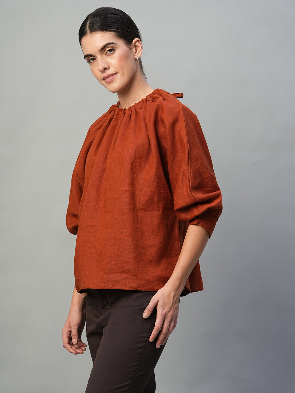 Women's Rust 100% Linen Regular Fit Blouse