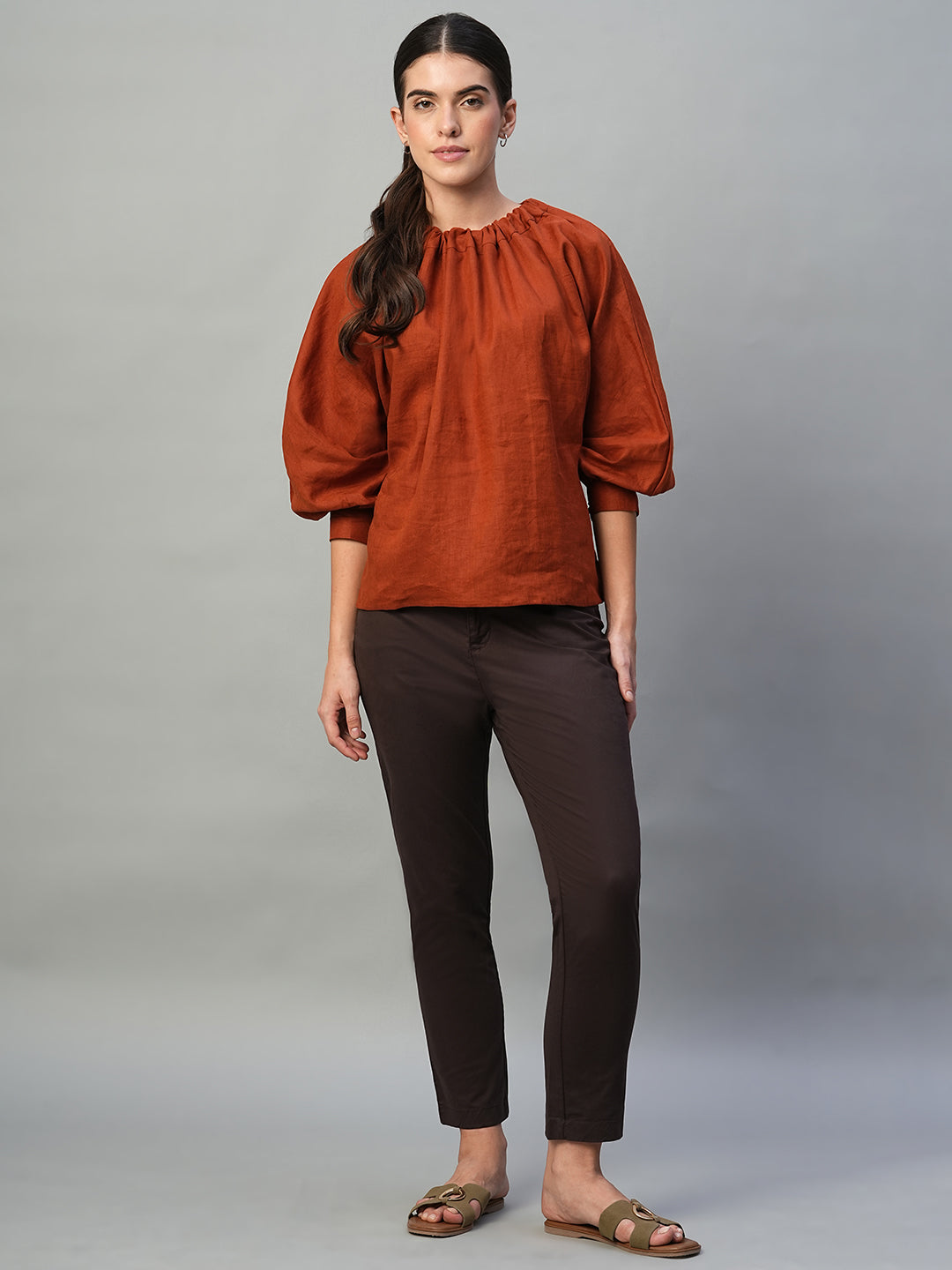 Women's Rust 100% Linen Regular Fit Blouse
