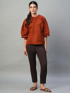 Women's Rust 100% Linen Regular Fit Blouse