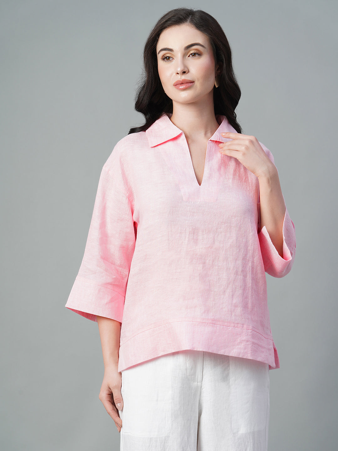 Women's Pink 100% Linen Regular Fit Blouse