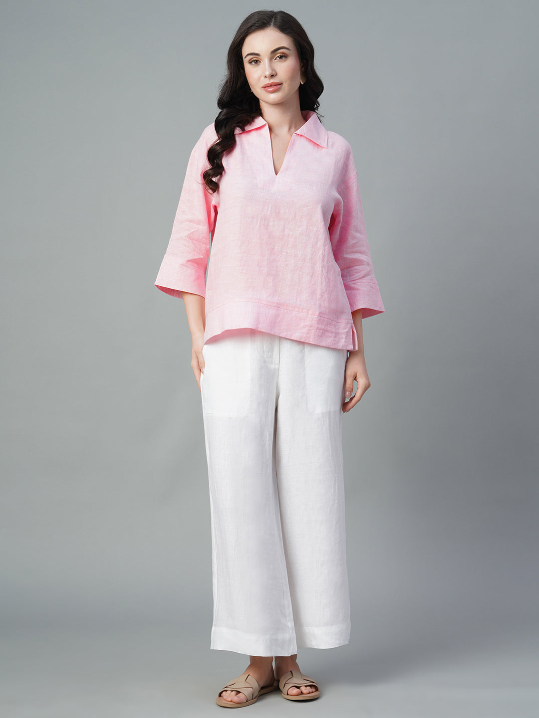 Women's Pink 100% Linen Regular Fit Blouse