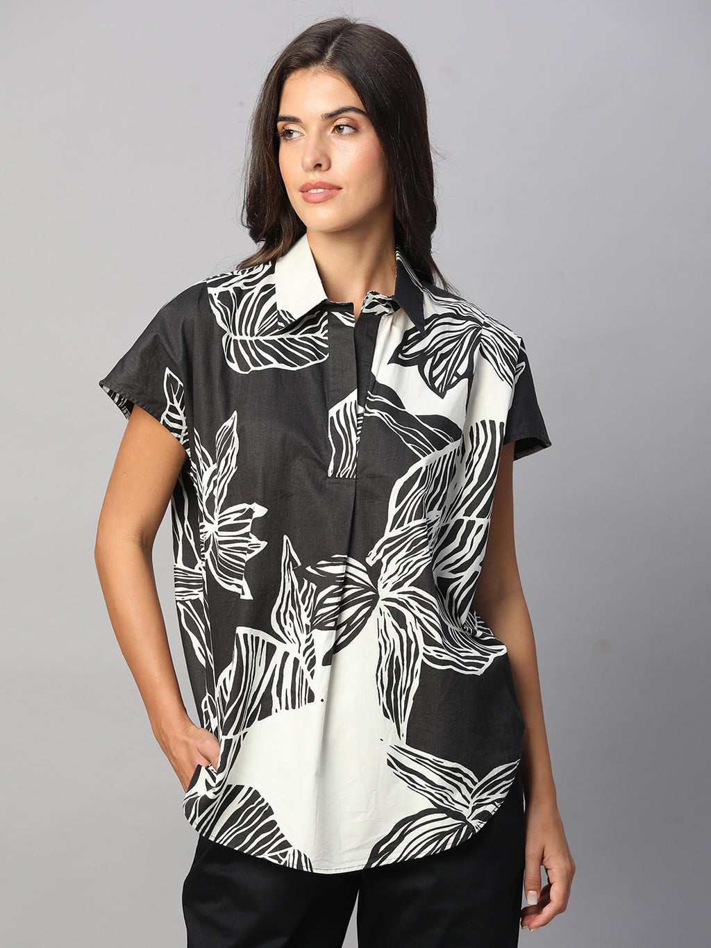 Women's White/Black 100% Cotton Boxy Fit Blouse