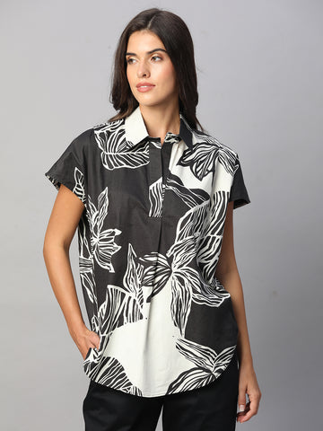 Women's White/Black 100% Cotton Boxy Fit Blouse