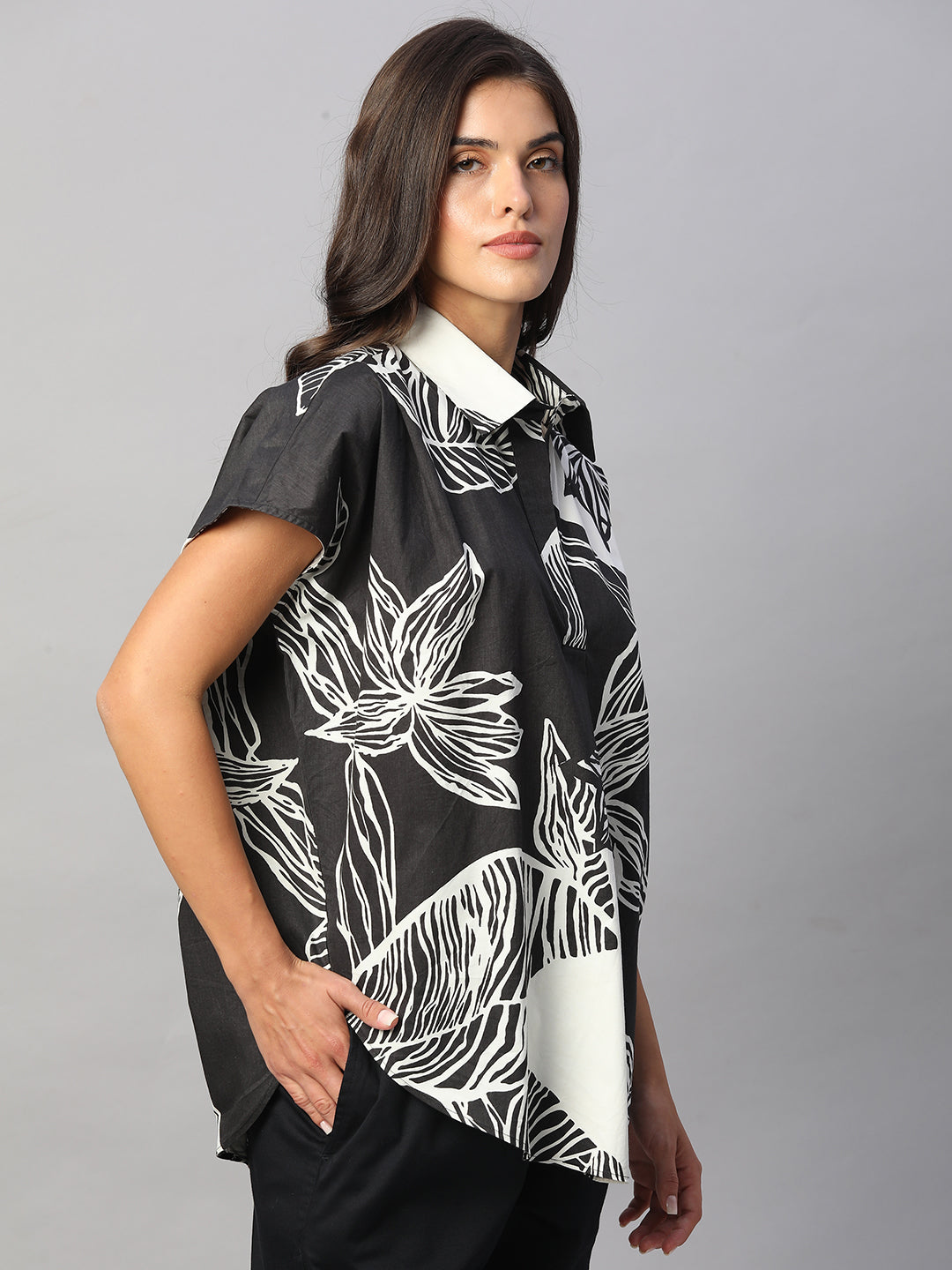 Women's White/Black 100% Cotton Boxy Fit Blouse