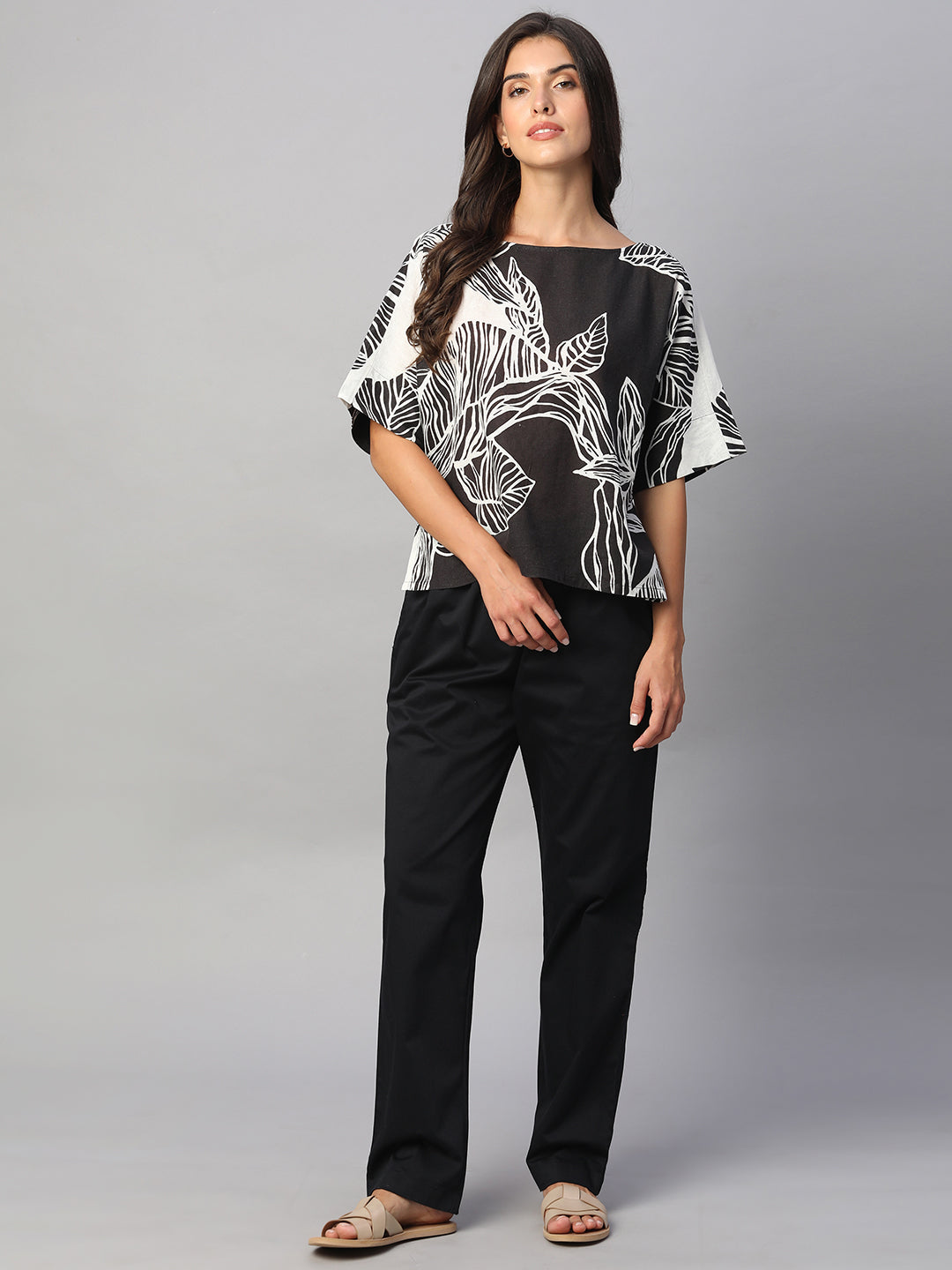 Women's White/Black Cotton Viscose Boxy Fit Blouse