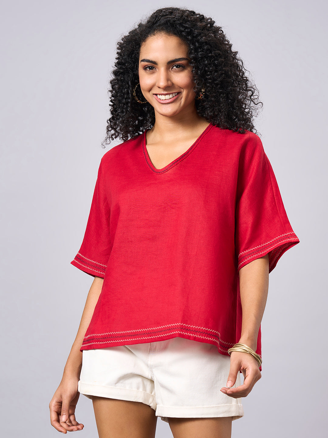 Women's Red 100% Linen Regular Fit Blouse