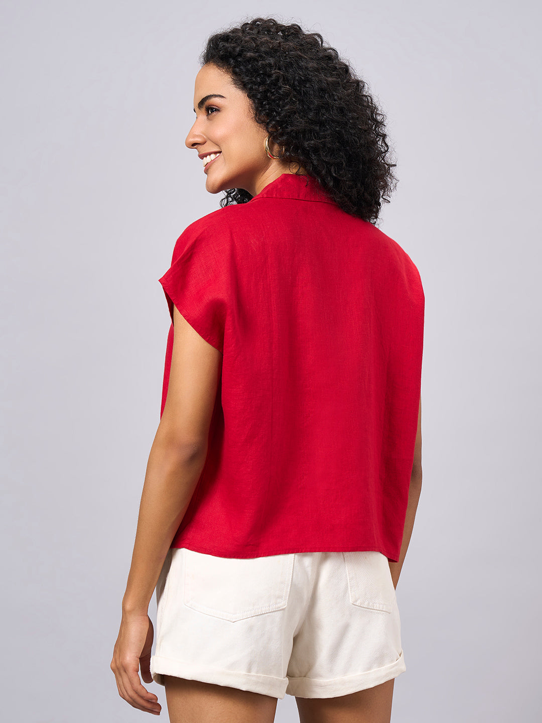 Women's Red 100% Linen Regular Fit Blouse