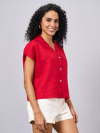 Women's Red 100% Linen Regular Fit Blouse