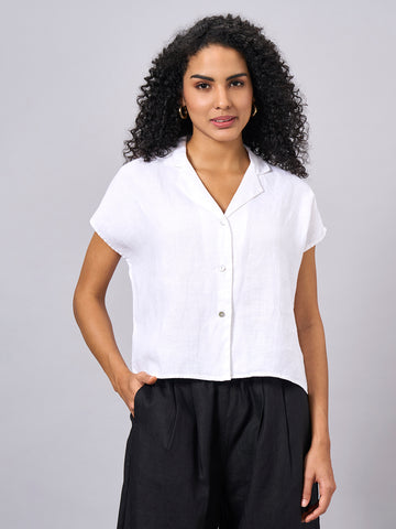 Women's 100% Linen Regular Fit Short Sleeve Blouse White