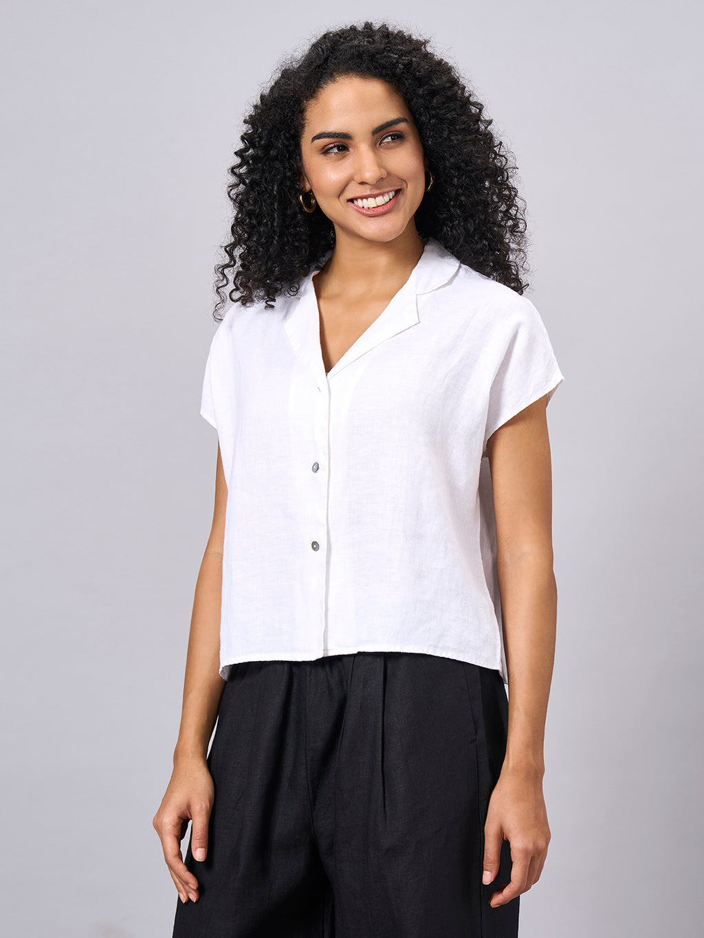 Women's 100% Linen Regular Fit Short Sleeve Blouse White