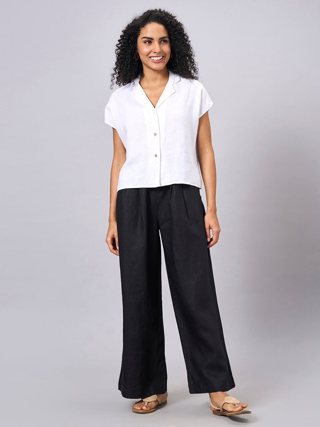 Women's 100% Linen Regular Fit Short Sleeve Blouse White