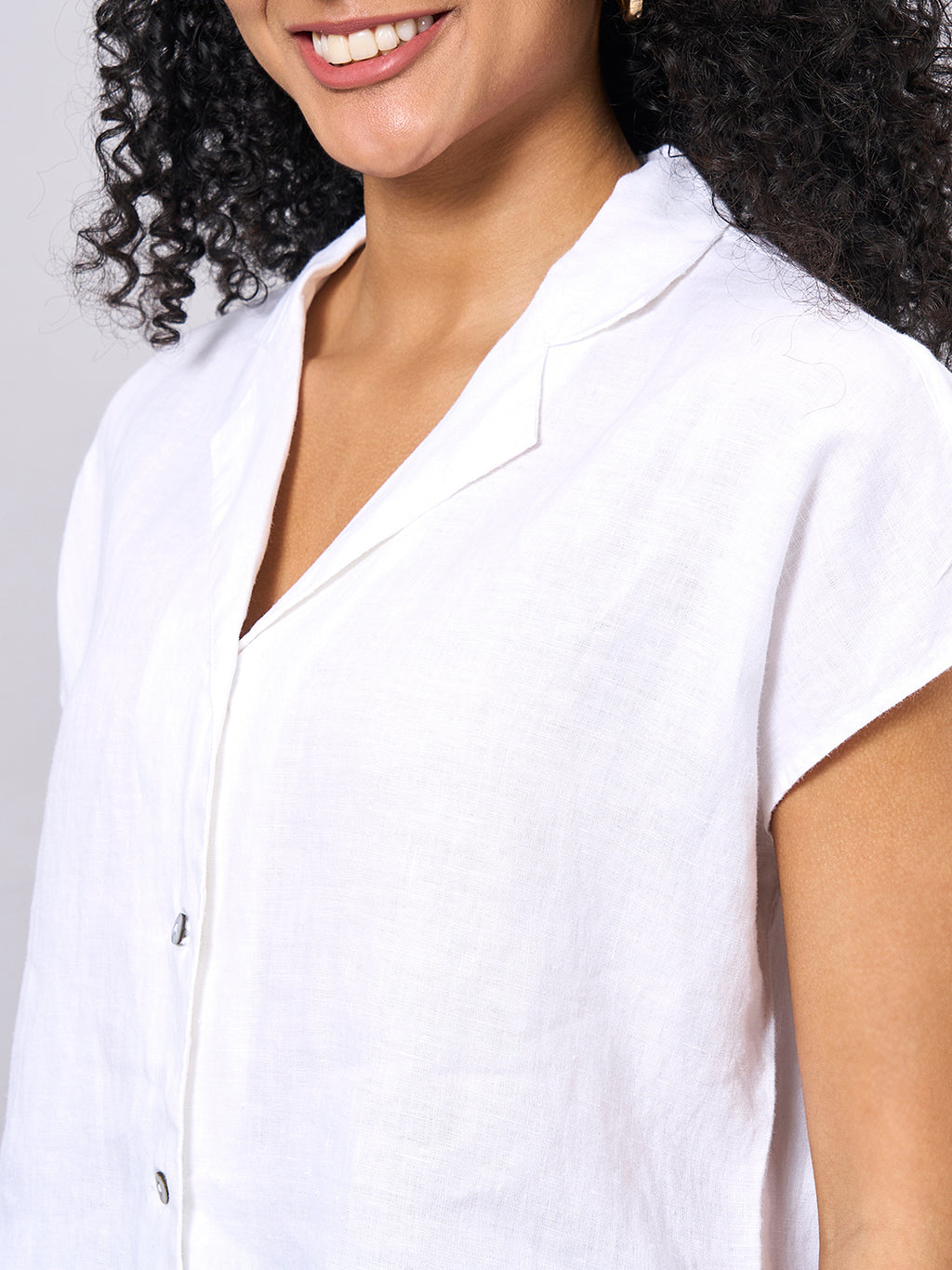 Women's 100% Linen Regular Fit Short Sleeve Blouse White