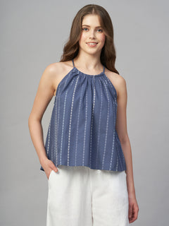 Women’s Cotton Regular Fit Stripe Halter Blouse Blue