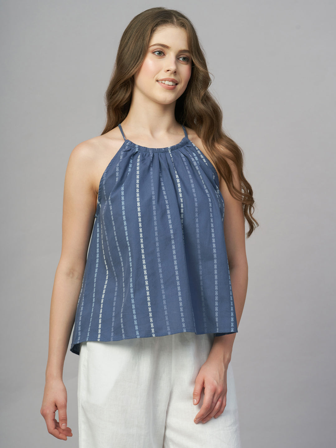 Women's Blue 100% Cotton Regular Fit Blouse