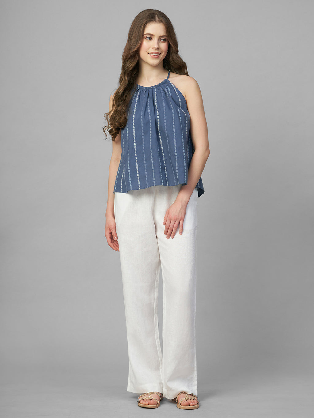 Women's Blue 100% Cotton Regular Fit Blouse