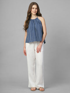 Women’s Cotton Regular Fit Stripe Halter Blouse Blue