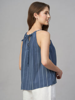 Women’s Cotton Regular Fit Stripe Halter Blouse Blue