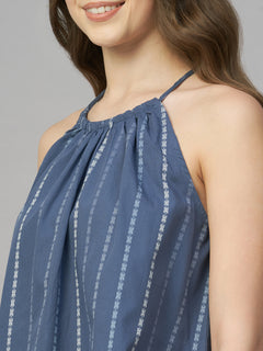 Women’s Cotton Regular Fit Stripe Halter Blouse Blue