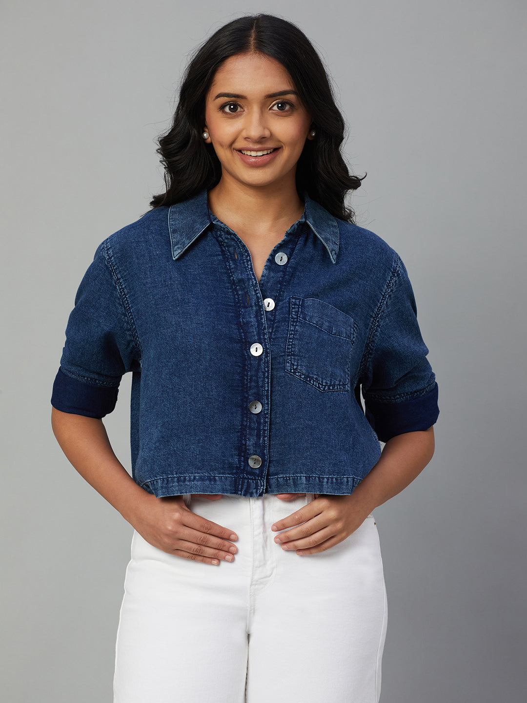 Women's Indigo 100% Cotton Regular Fit Blouse