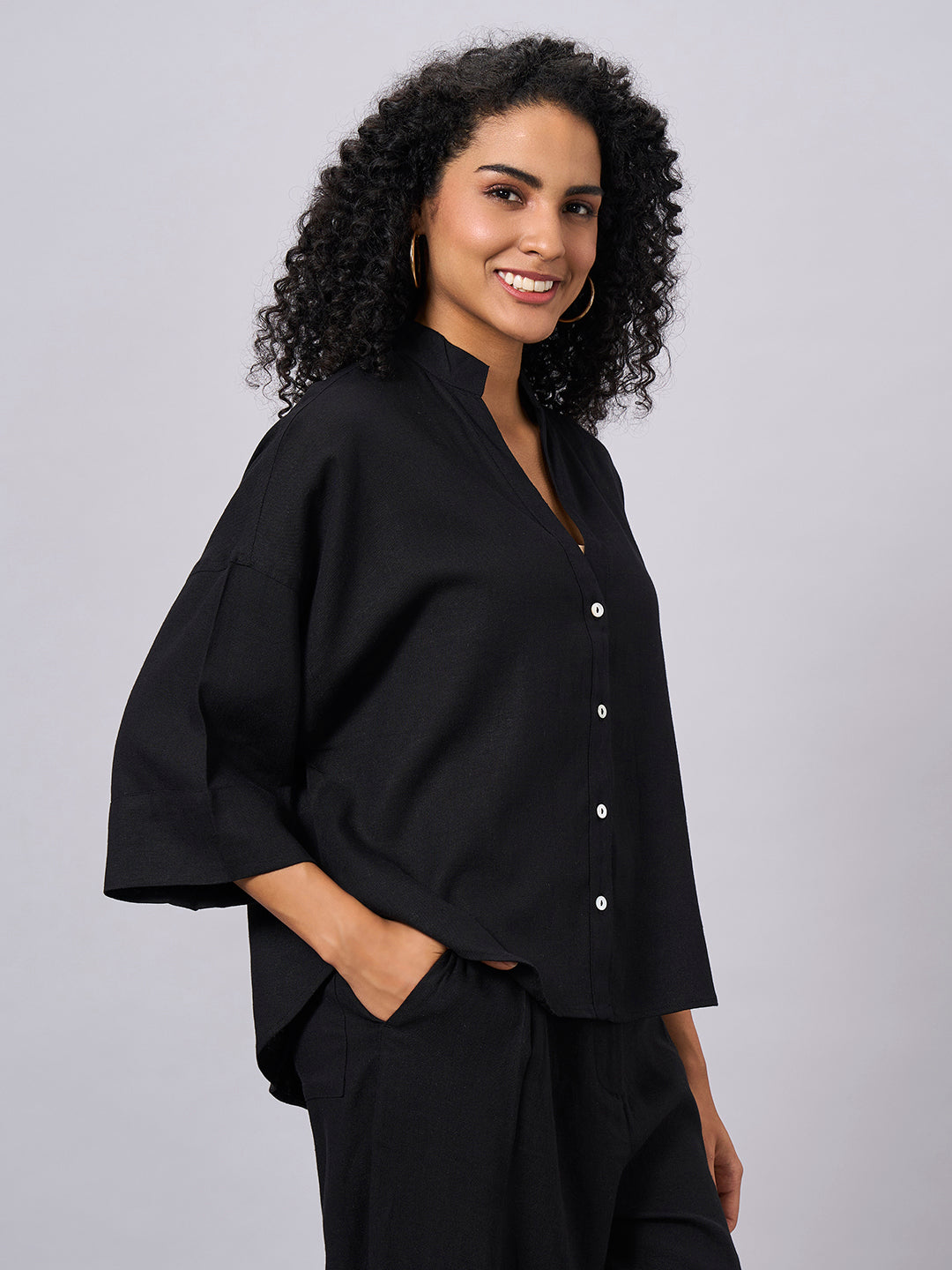 Women's Black Linen Viscose Boxy Fit Blouse