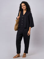 Women's Black Linen Viscose Boxy Fit Blouse