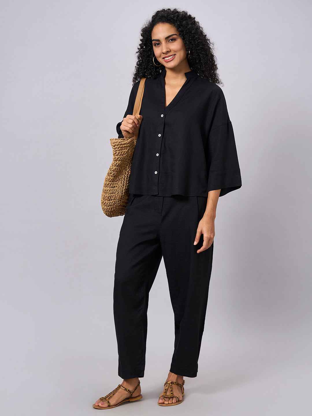 Women's Black Linen Viscose Boxy Fit Blouse