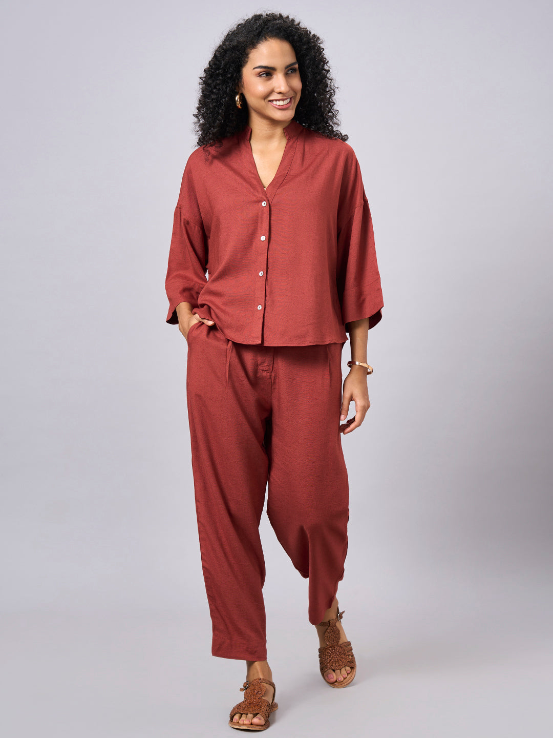 Women's Rust Linen Viscose Boxy Fit Blouse
