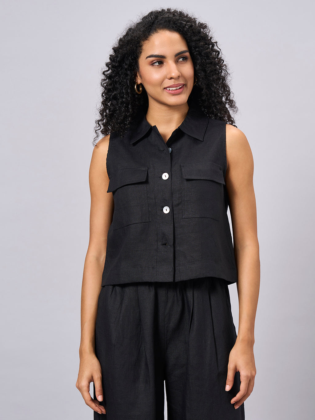 Women's Black 100% Linen Regular Fit Blouse