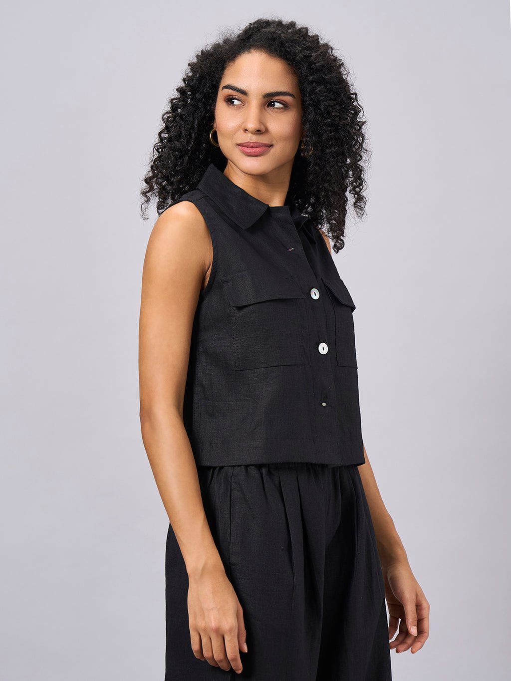 Women's Black 100% Linen Regular Fit Blouse