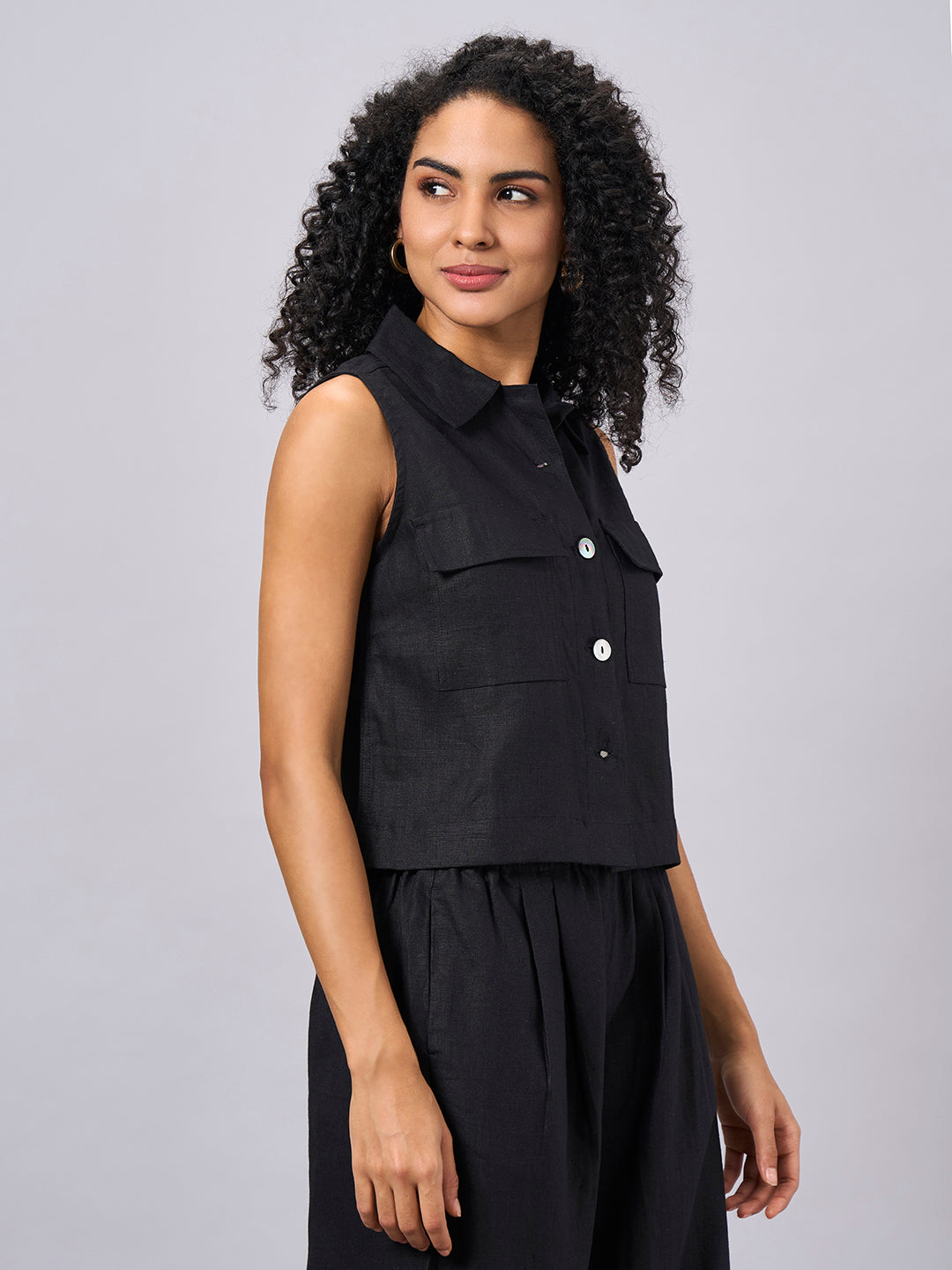Women's Black 100% Linen Regular Fit Blouse