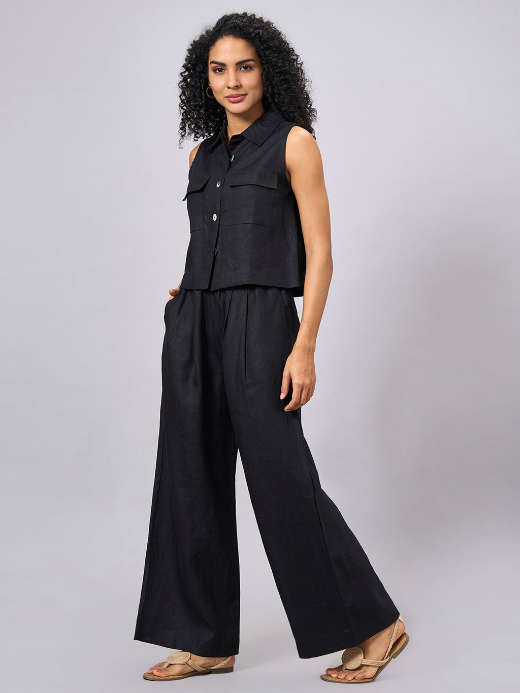 Women's Black 100% Linen Regular Fit Blouse