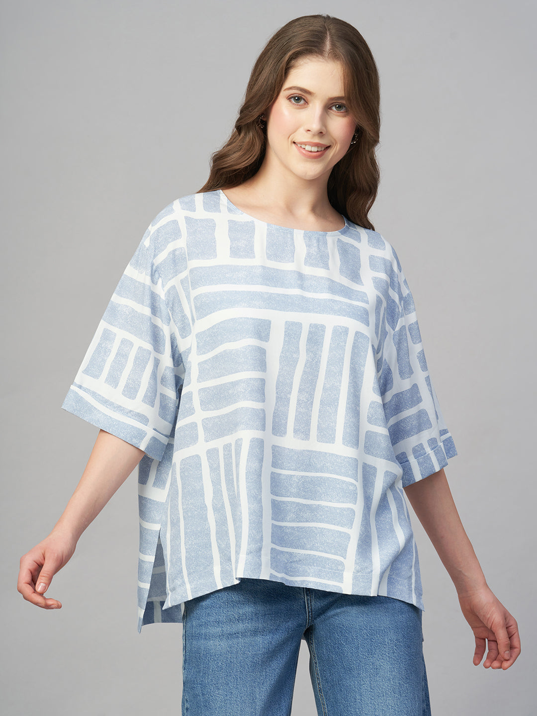 Women's Blue 100% Viscose Boxy Fit Blouse