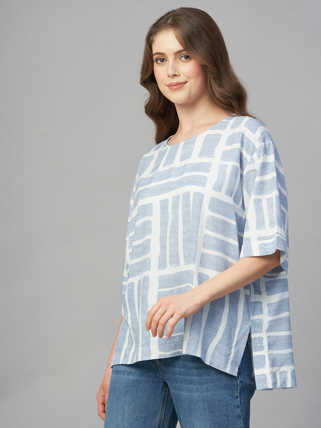 Women's Blue 100% Viscose Boxy Fit Blouse