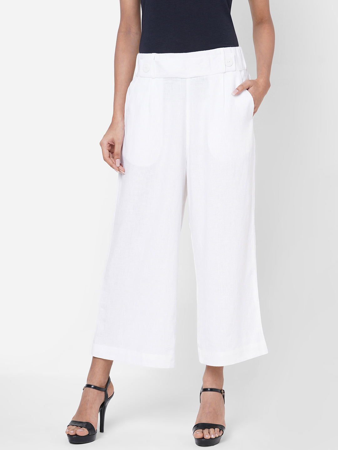 Women's White Linen Regular Fit Culotte