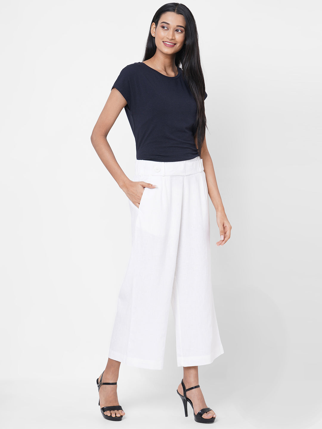 Women's White Linen Regular Fit Culotte