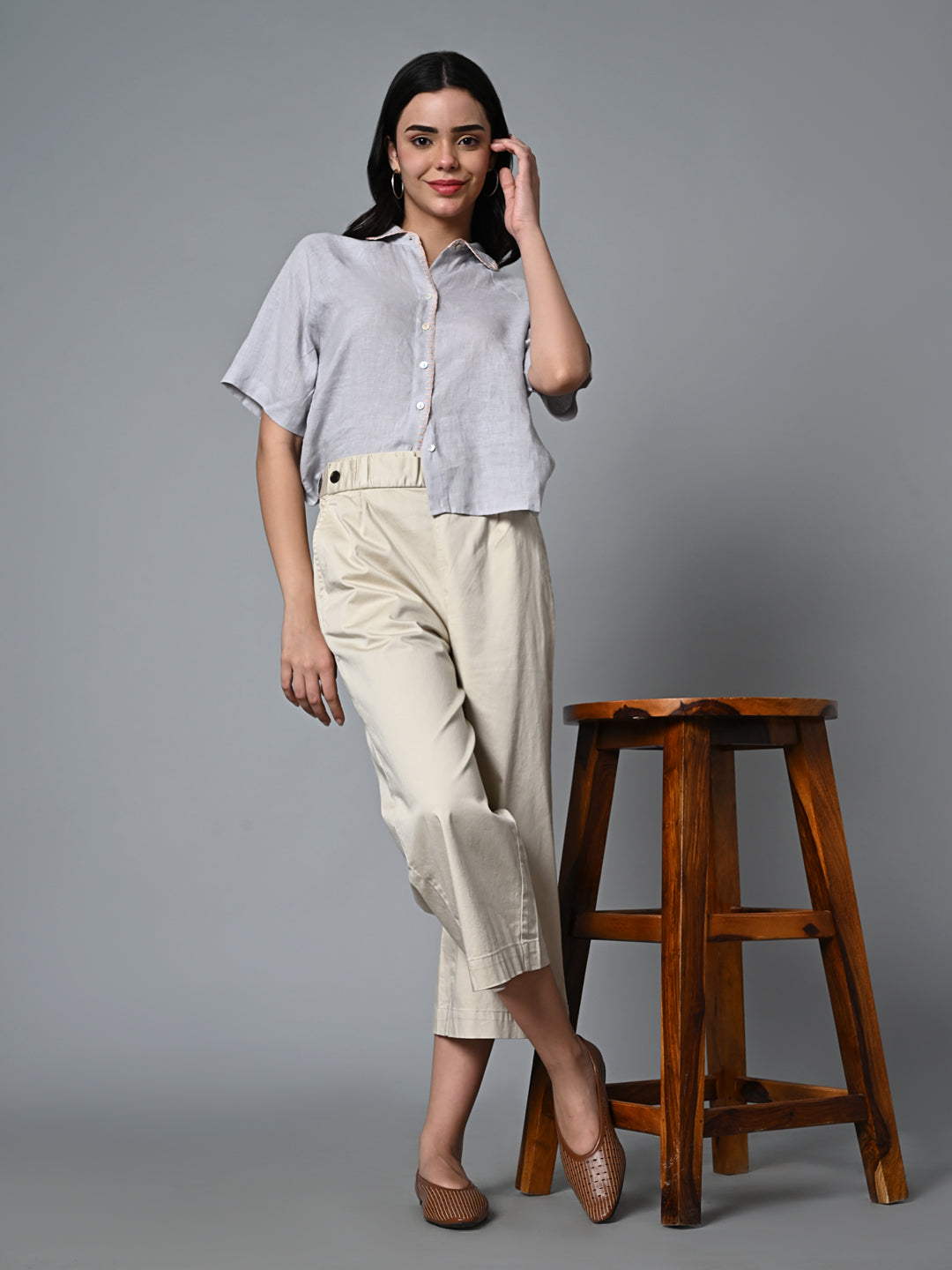 Women's Beige Cotton Elastane Regular Fit Culotte