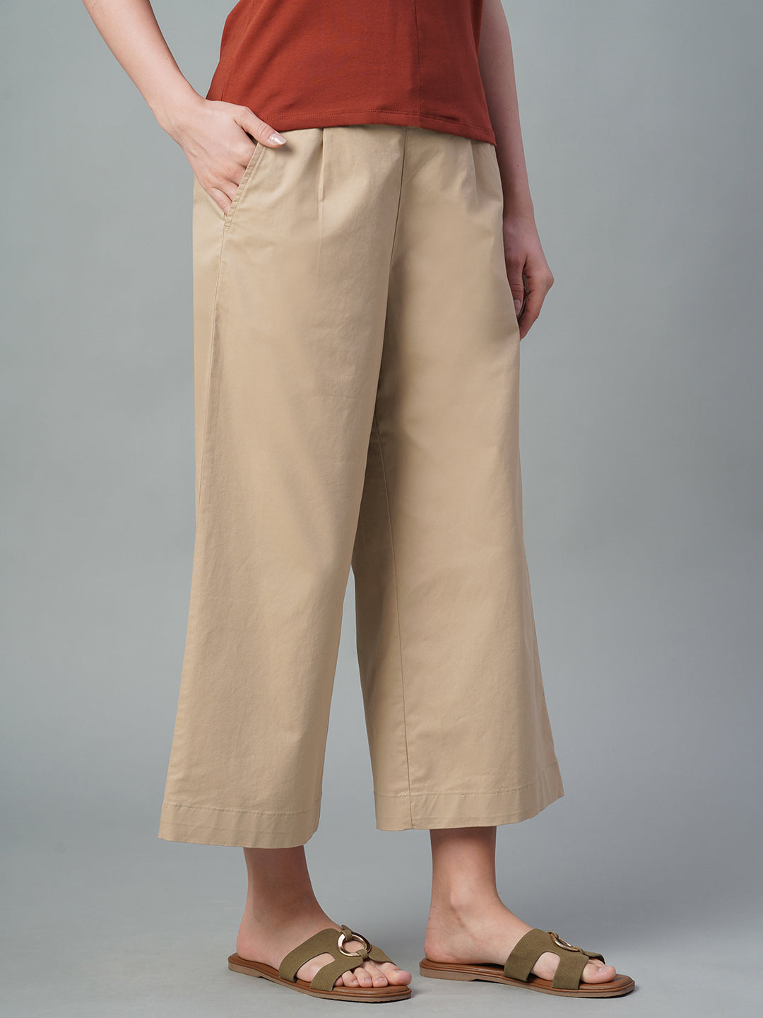 Women's Khaki Cotton Lycra Regular Fit Culotte
