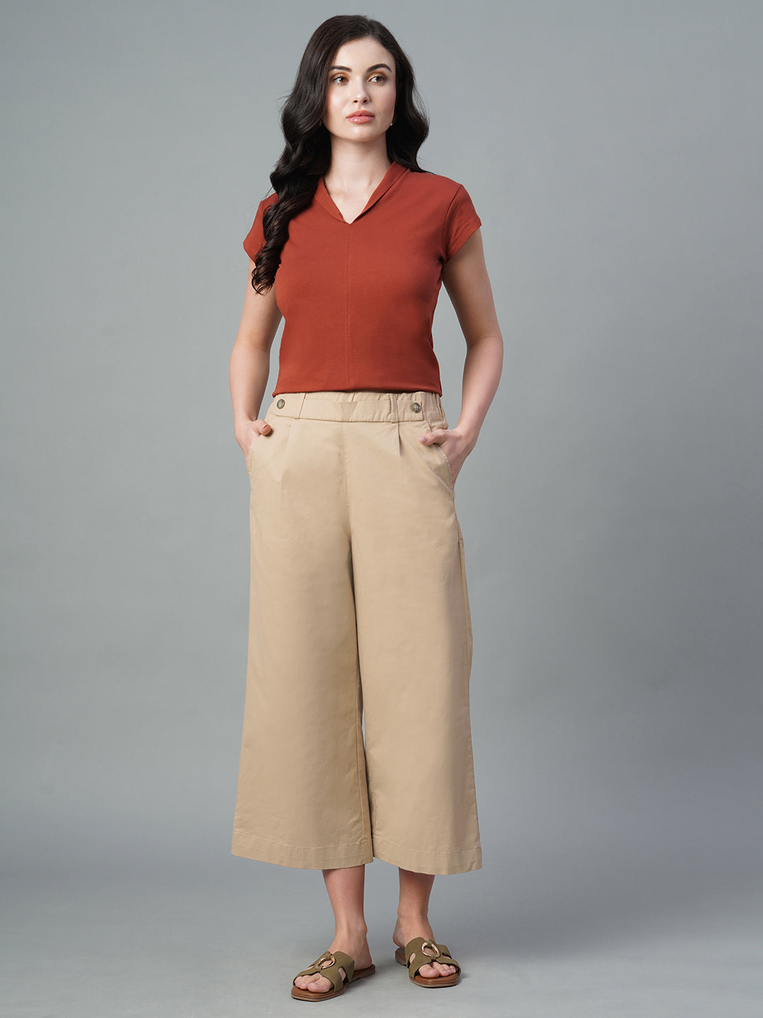 Women's Khaki Cotton Lycra Regular Fit Culotte