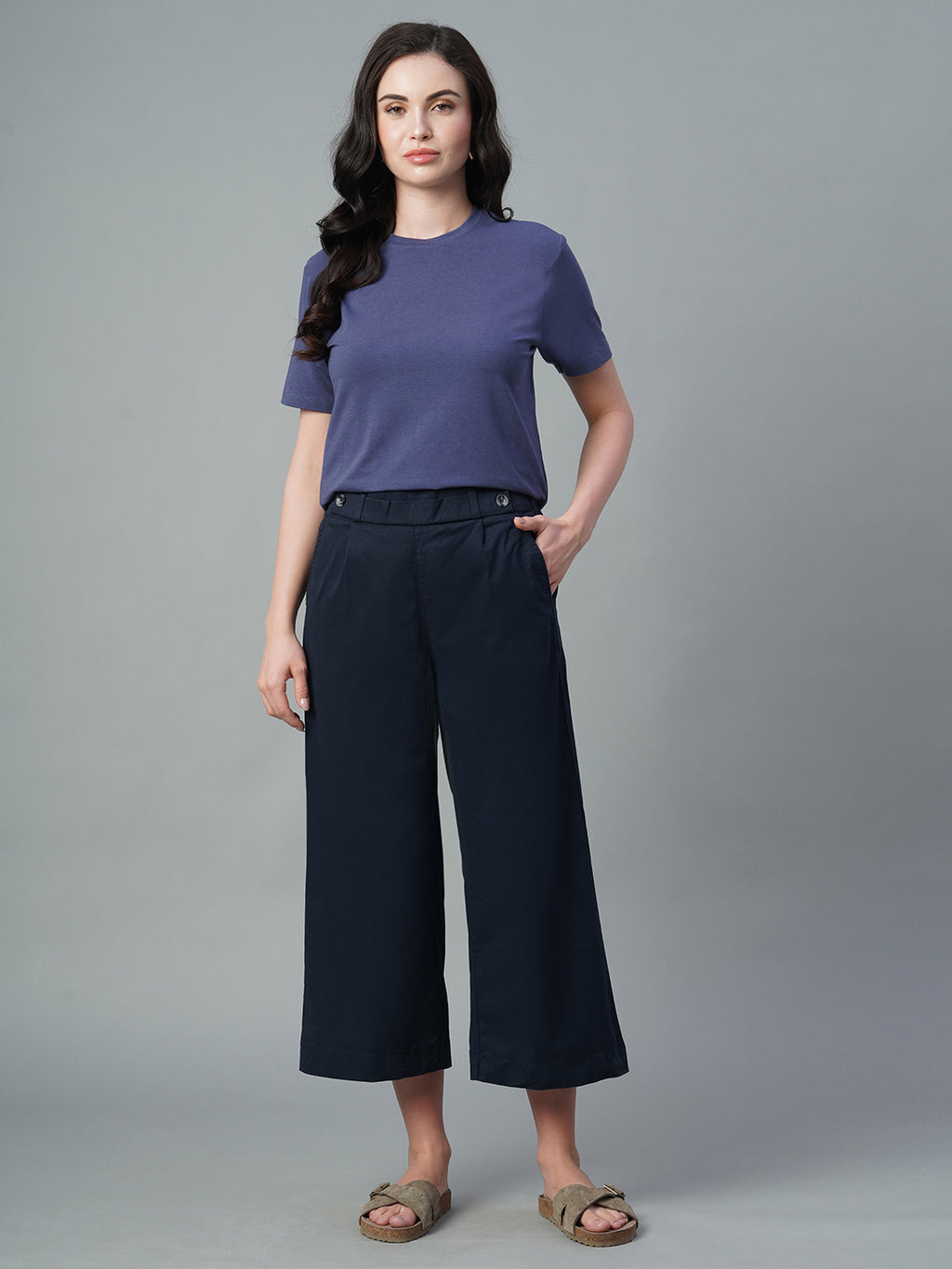 Women's Navy Cotton Lycra Regular Fit Culotte
