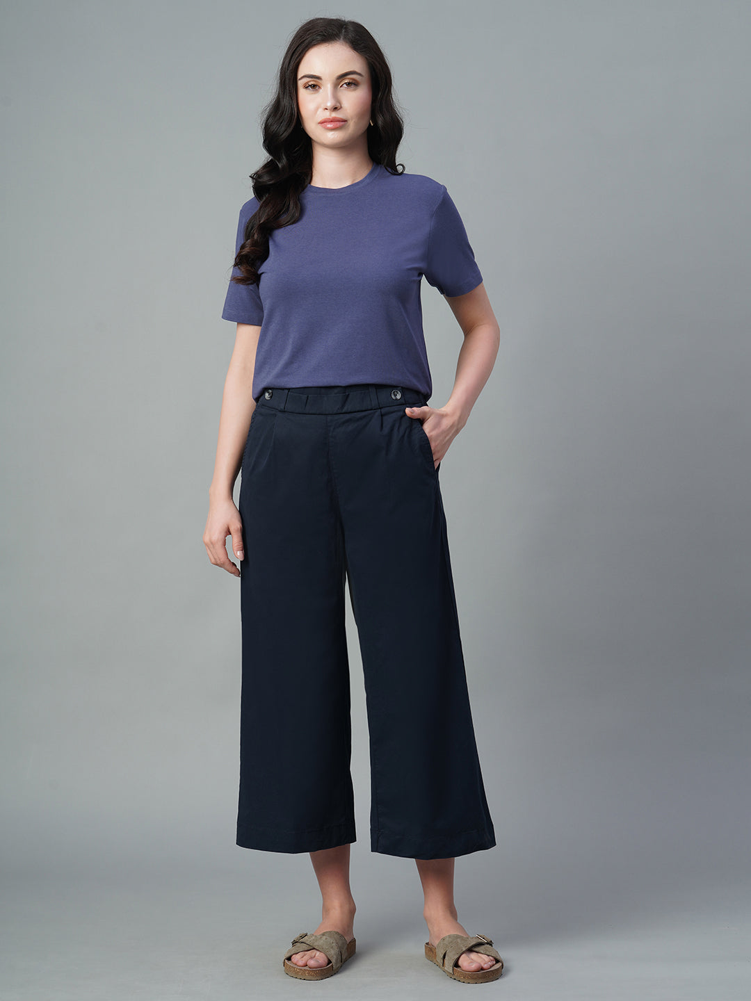 Women's Navy Cotton Lycra Regular Fit Culotte