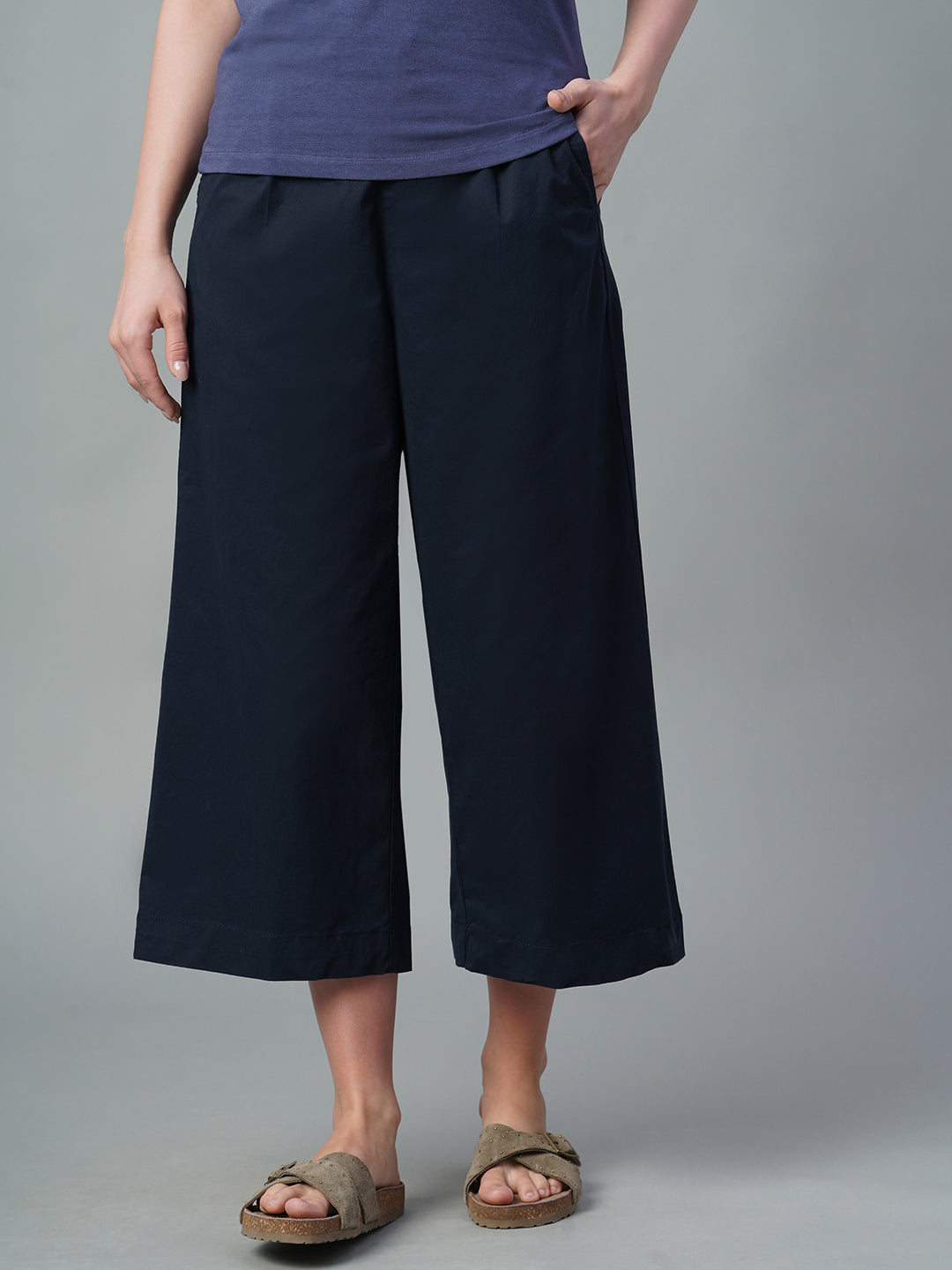Women's Navy Cotton Lycra Regular Fit Culotte