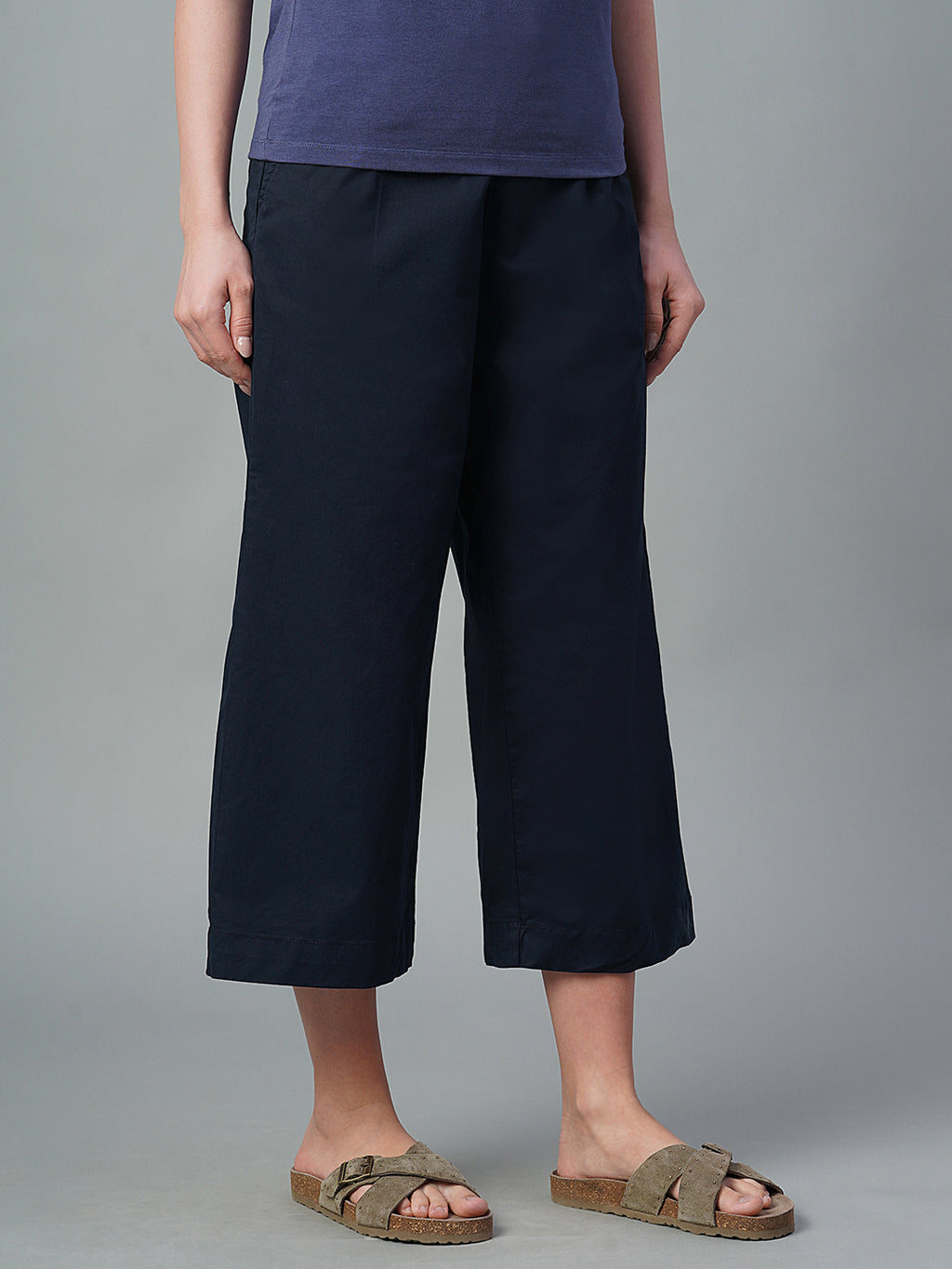 Women's Navy Cotton Lycra Regular Fit Culotte