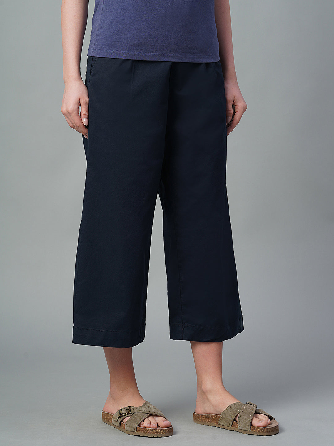 Women's Navy Cotton Lycra Regular Fit Culotte