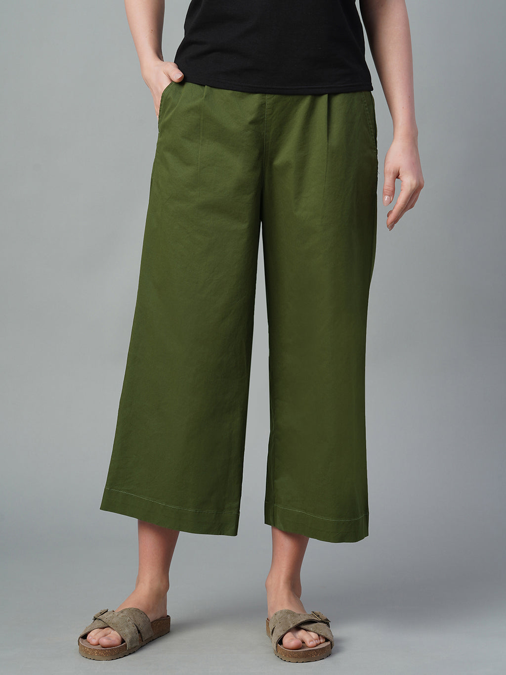 Women's Olive Cotton Lycra Regular Fit Culotte