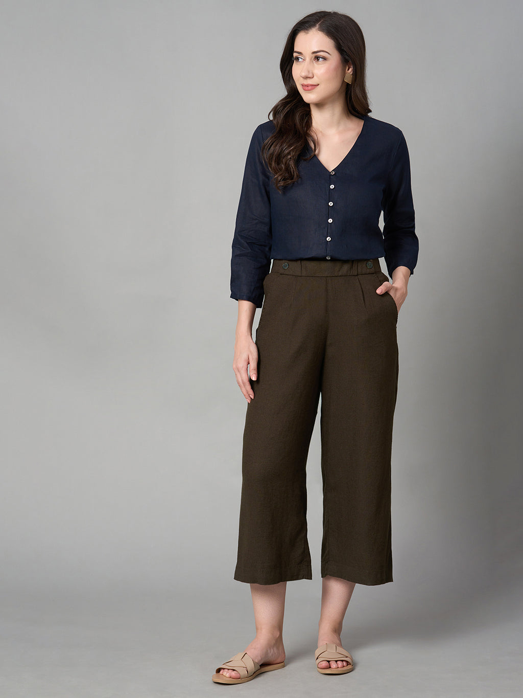 Women's Linen Viscose Regular Fit Culotte Brown