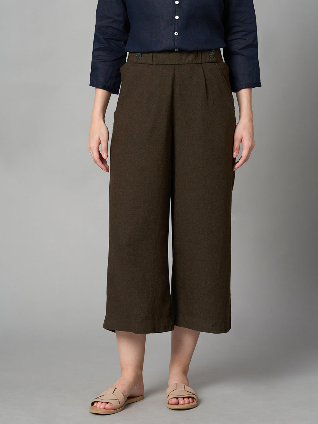 Women's Linen Viscose Regular Fit Culotte Brown