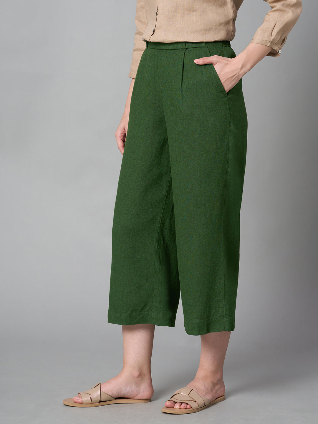Women's Green Linen Viscose Regular Fit Culotte