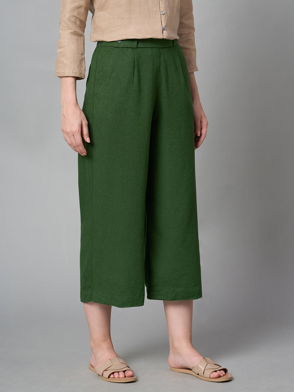Women's Green Linen Viscose Regular Fit Culotte