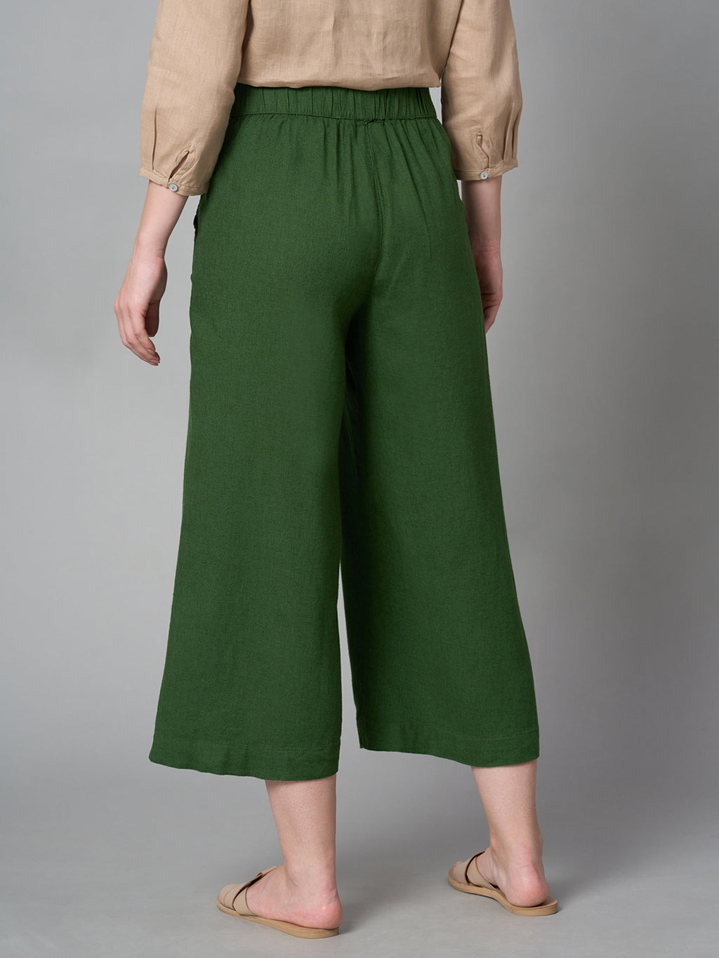 Women's Green Linen Viscose Regular Fit Culotte